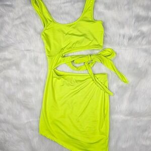 Neon yellow Cutout Tie Mini‎ Dress Bodycon Sleeveless Party Clubwear